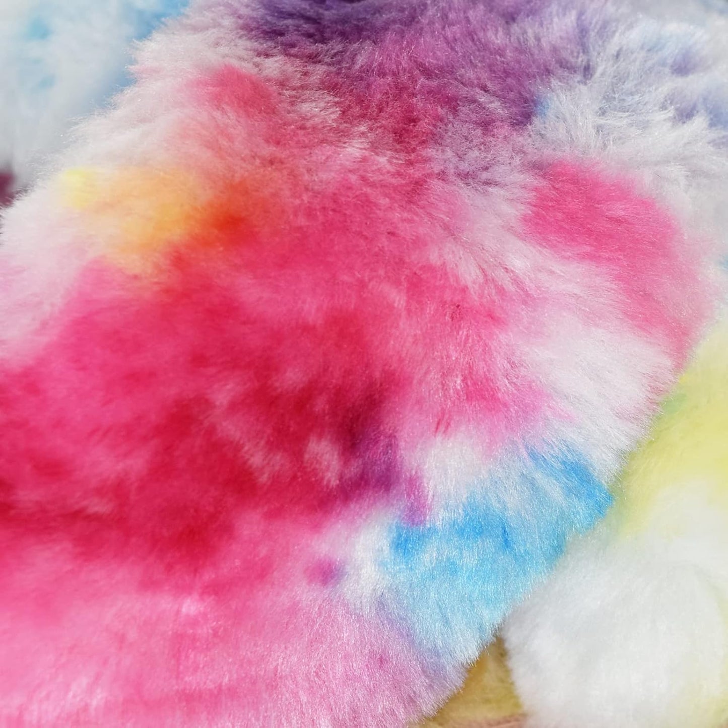 Women Rainbow Fluffy Slides Fax Fur Cross Tie Dye Open Toe House Slipper Loafers (Rainbow, Women Size 7)