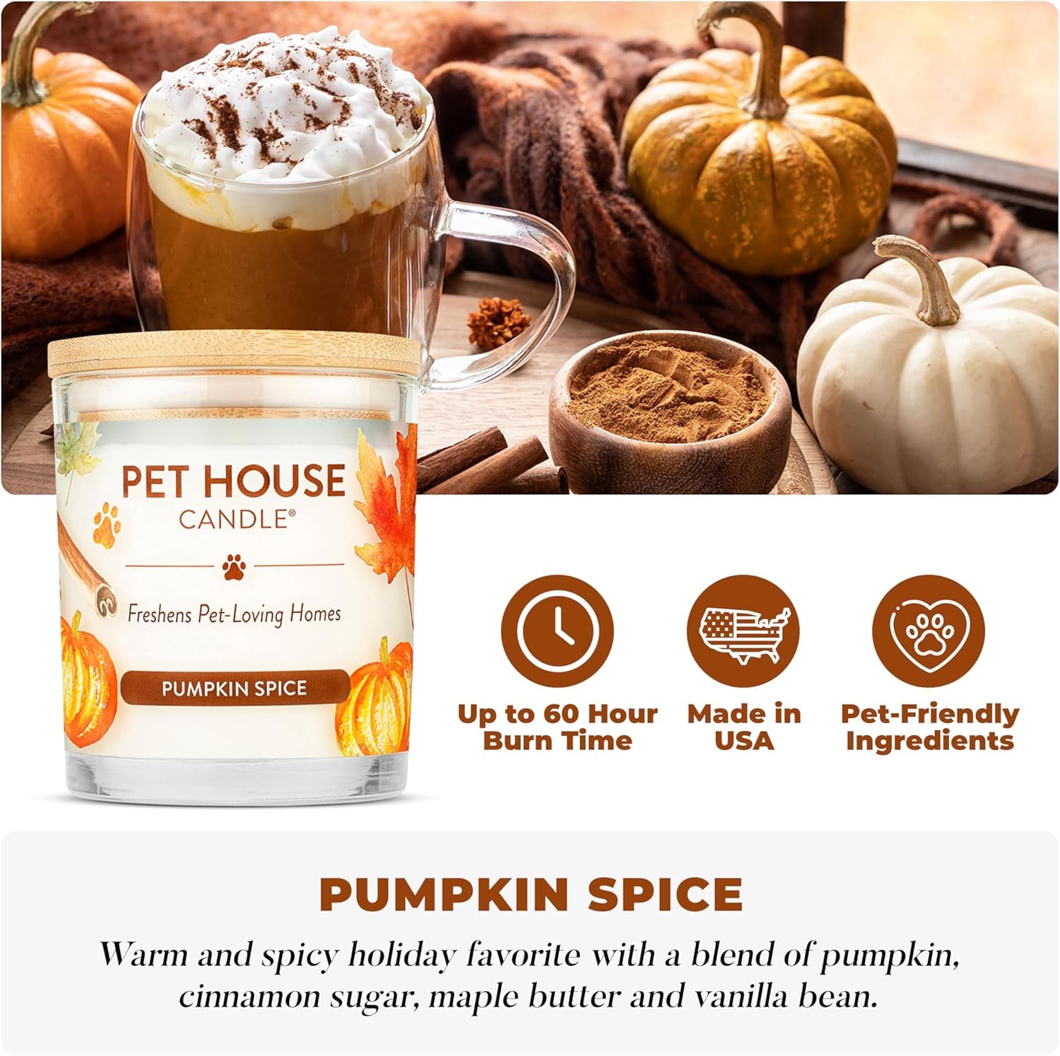 Pet House Fall Candles, Long Lasting, Clean Burning, Soy Wax Scented Candles for Pet Odor, Pumpkin Spice, 2 Pack