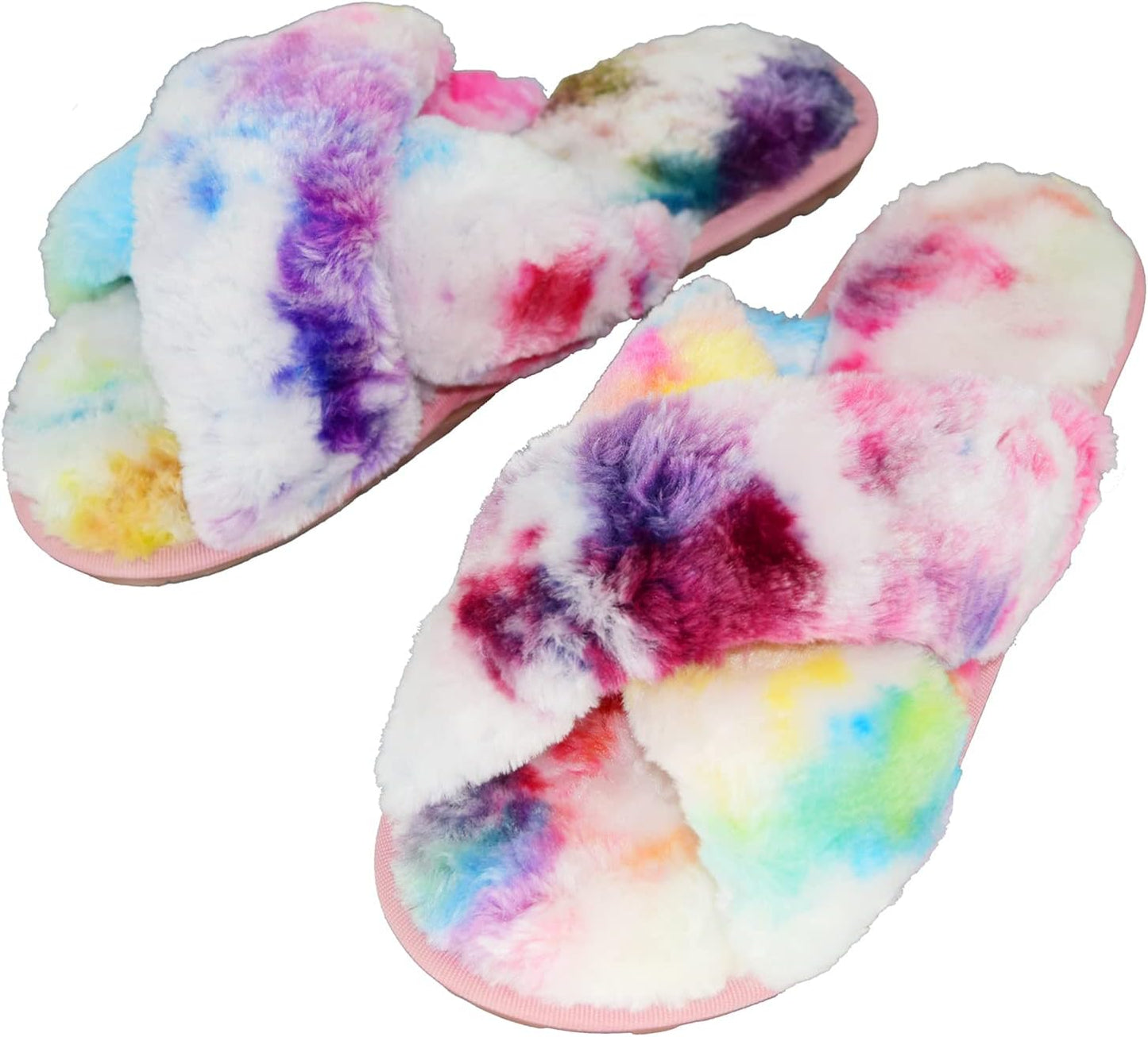 Women Rainbow Fluffy Slides Fax Fur Cross Tie Dye Open Toe House Slipper Loafers (Rainbow, Women Size 7)