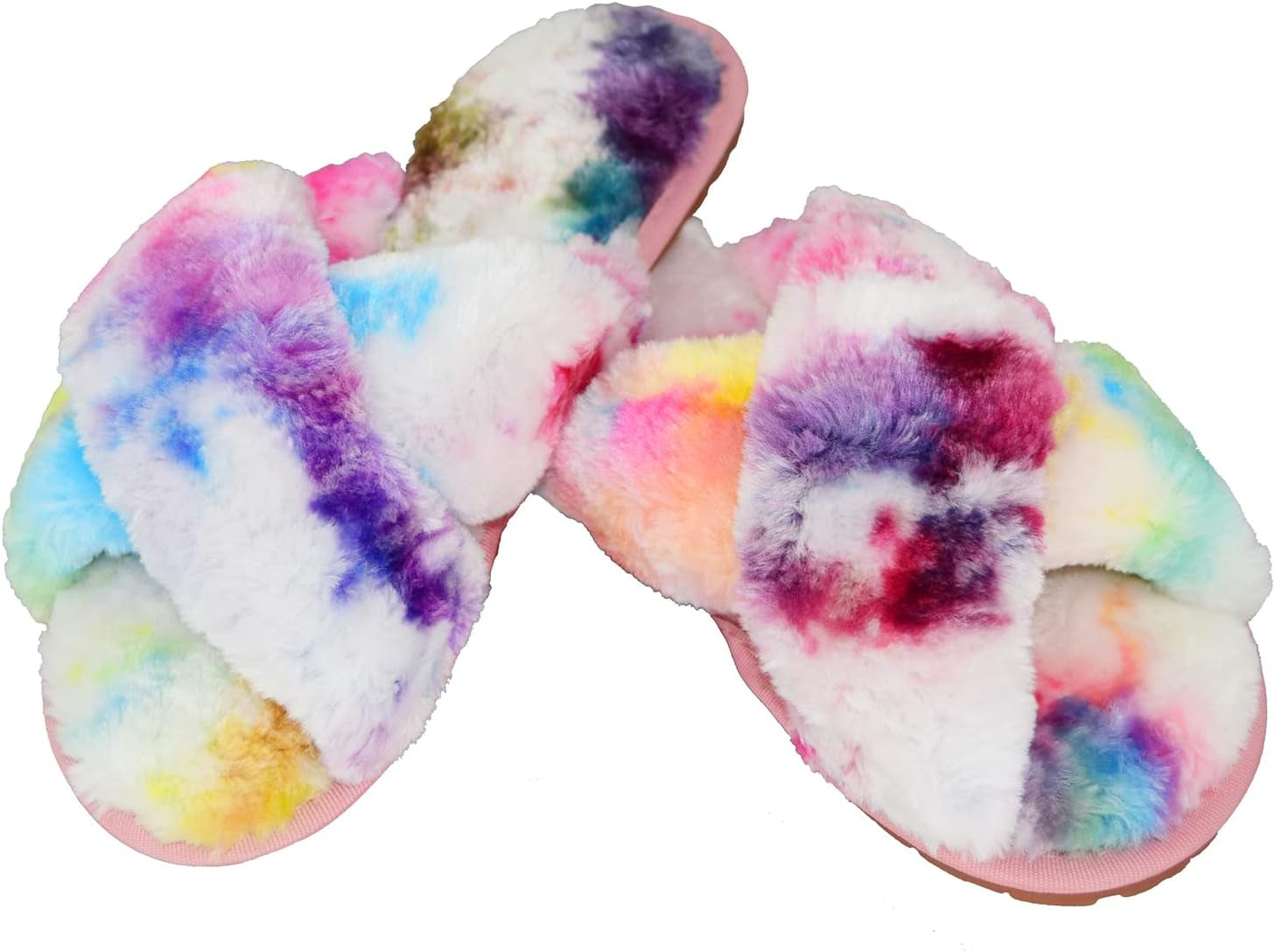 Women Rainbow Fluffy Slides Fax Fur Cross Tie Dye Open Toe House Slipper Loafers (Rainbow, Women Size 7)