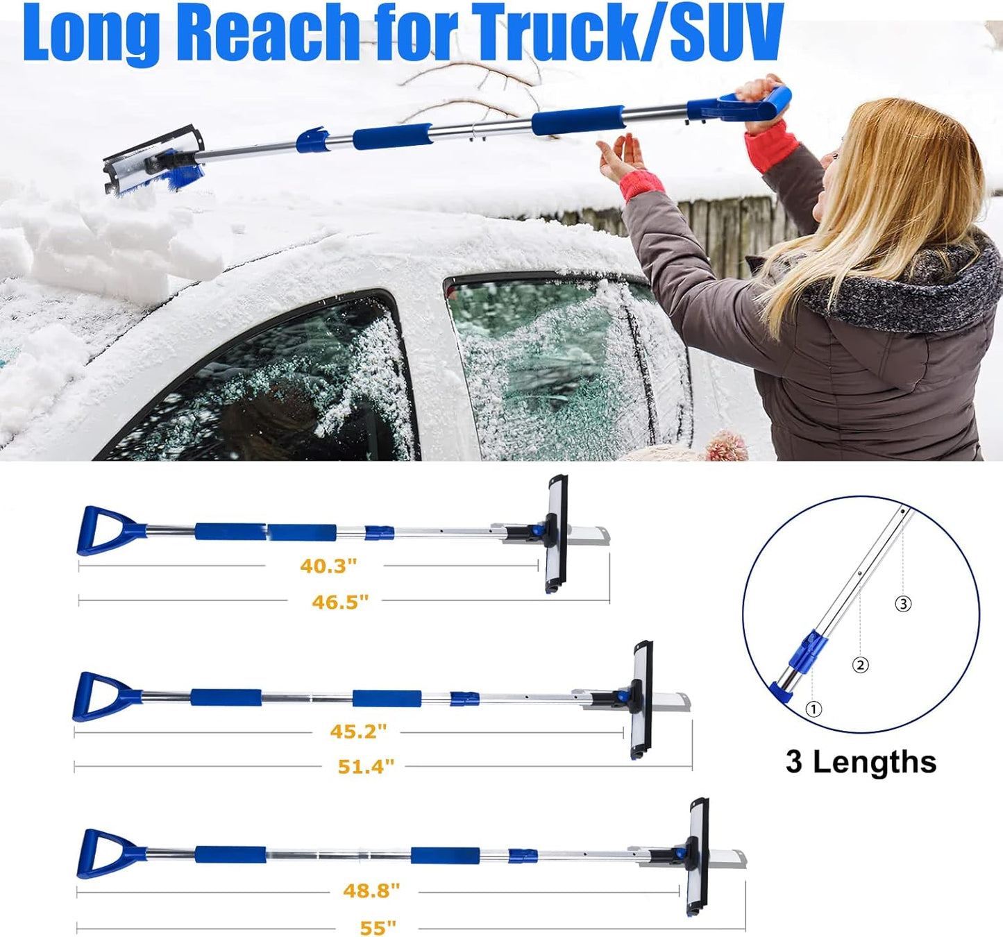 55" Scratch-Free Snow Brush & Shovel, 6-In-1 Truck Snow Tool with Squeegee, Ice Scraper for SUV, Truck, Car Windshield