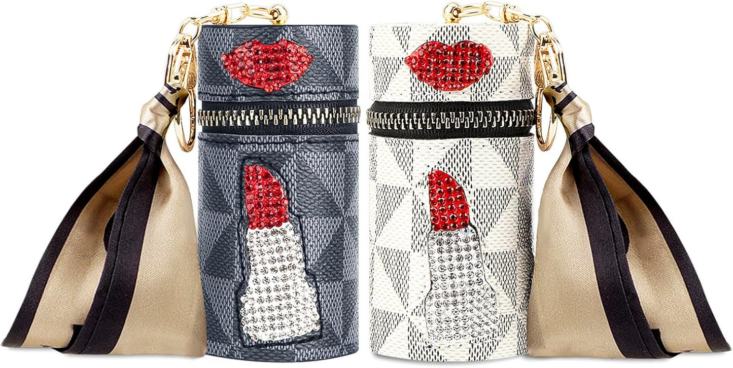 2 Pack Lip Gloss Case, Mini Lipstick Organizer for Perfume Fingernail Polish, Travel Leather Lipstick Bag with Keychain (Blue, White)