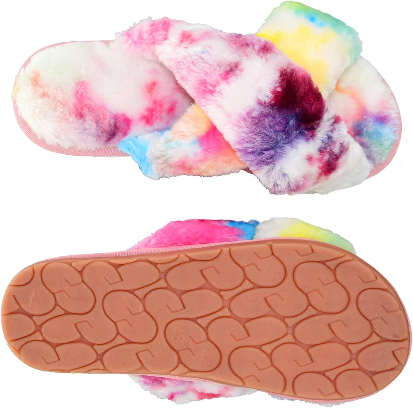 Women Rainbow Fluffy Slides Fax Fur Cross Tie Dye Open Toe House Slipper Loafers (Rainbow, Women Size 7)