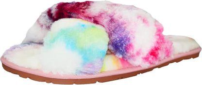Women Rainbow Fluffy Slides Fax Fur Cross Tie Dye Open Toe House Slipper Loafers (Rainbow, Women Size 7)
