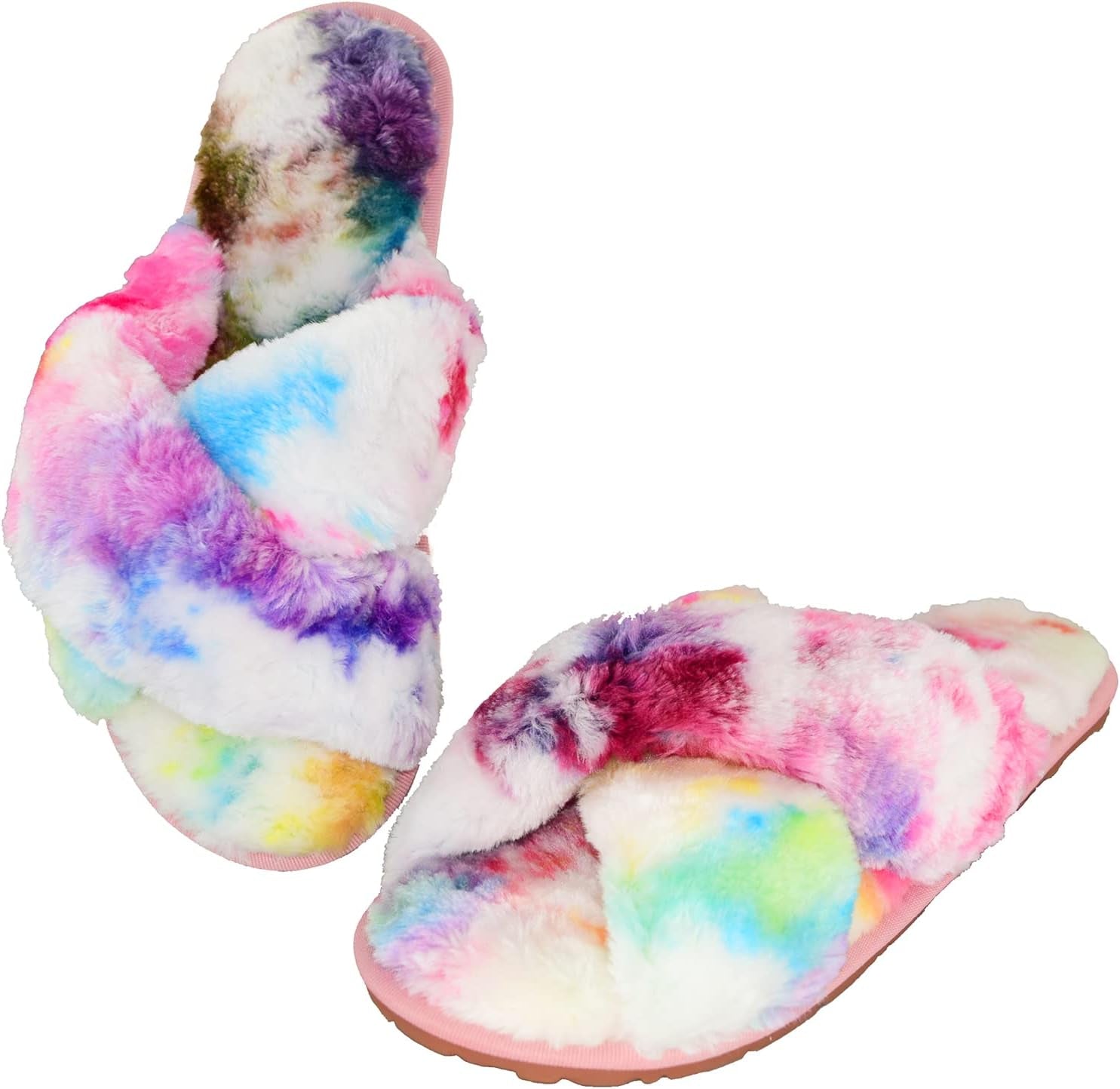 Women Rainbow Fluffy Slides Fax Fur Cross Tie Dye Open Toe House Slipper Loafers (Rainbow, Women Size 7)