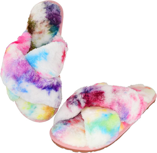 Women Rainbow Fluffy Slides Fax Fur Cross Tie Dye Open Toe House Slipper Loafers (Rainbow, Women Size 7)